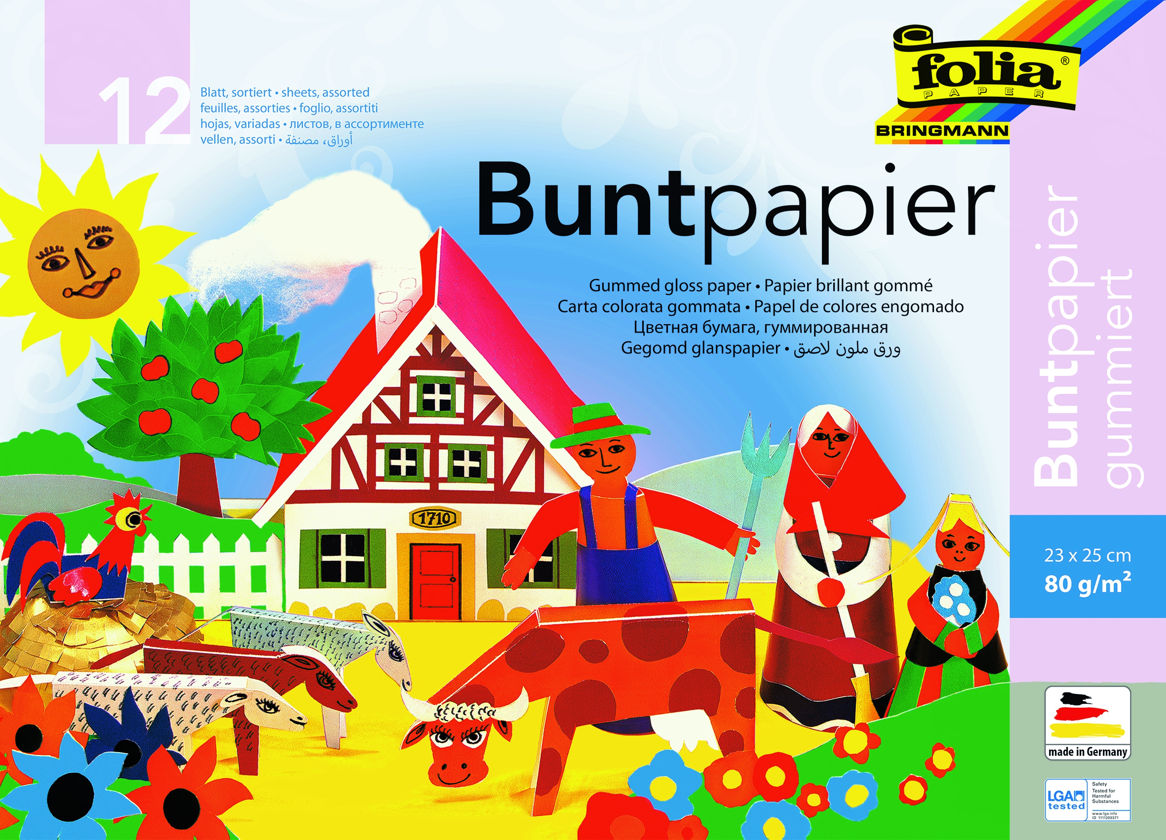 Buntpapier, 12 Blatt, gummiert, 23 x 25 cm