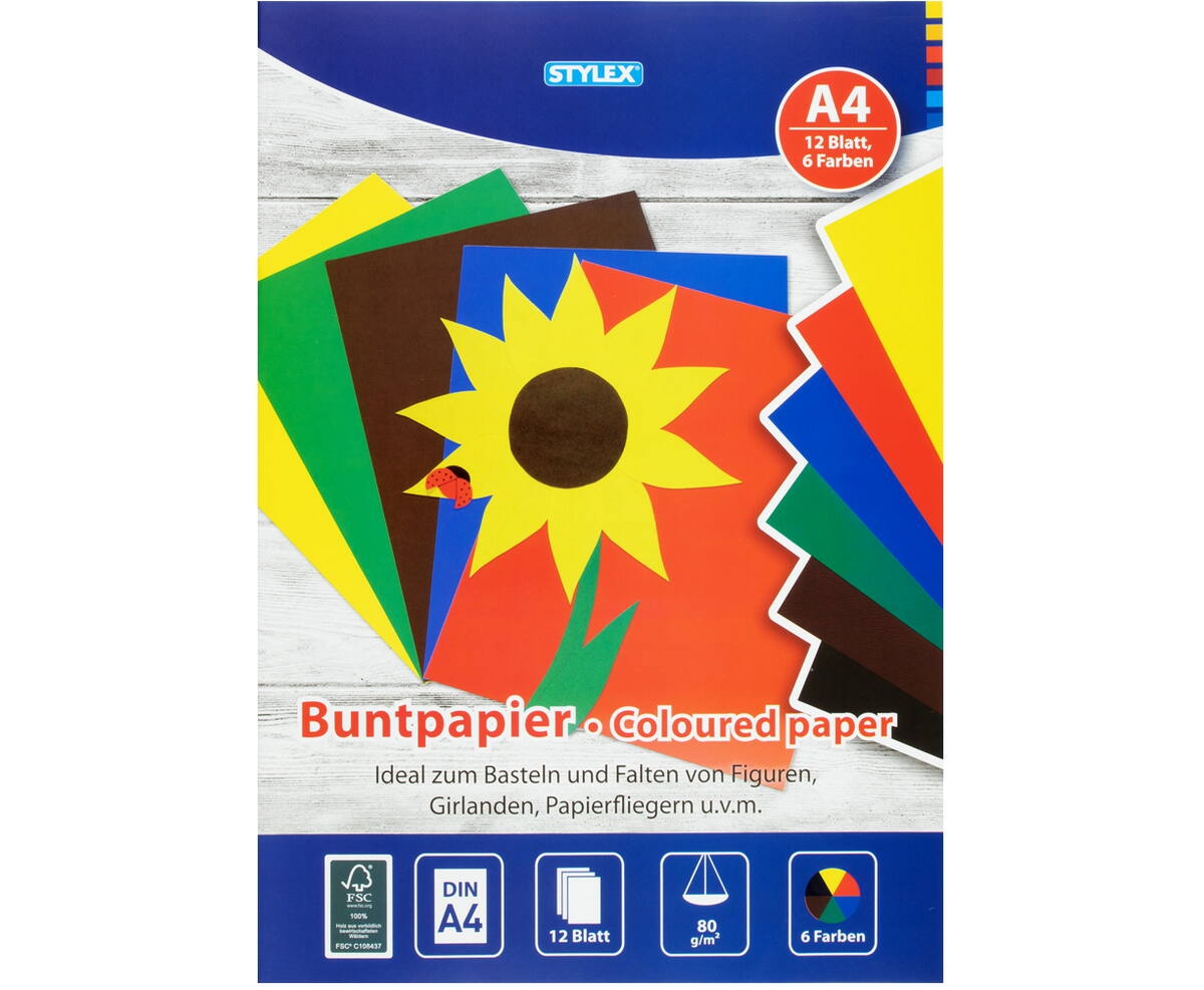 Buntpapierheft, DIN A4,12 Blatt in 6 Farben