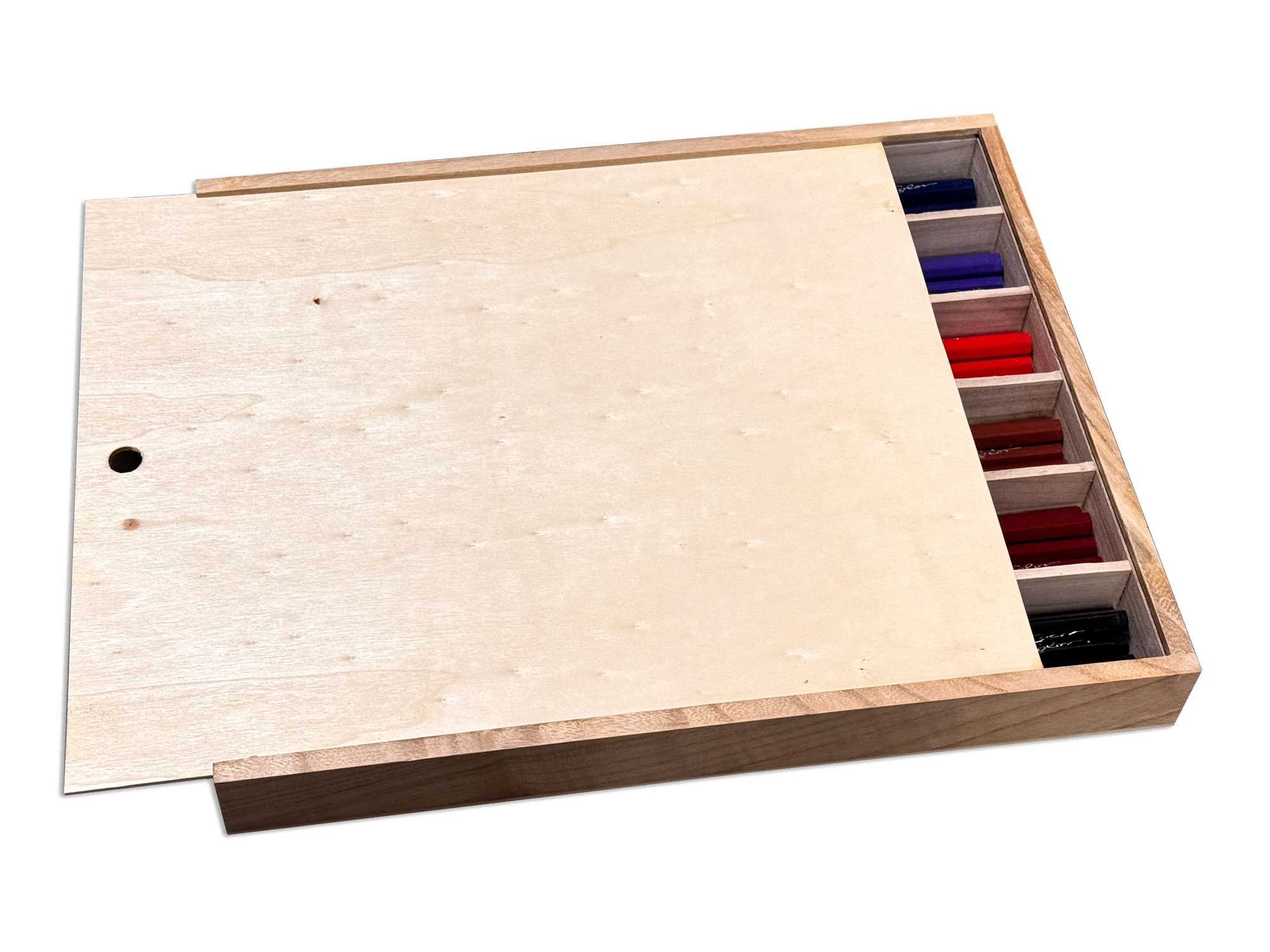 Schiebebox aus Holz + 60 Buntstifte